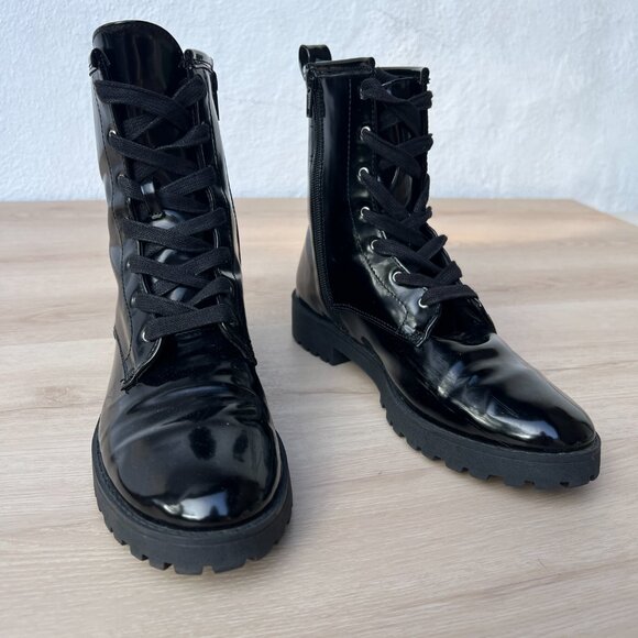 H&M Faux Patent Leather Lace Up & Zip Up Black Combat Boots Size 8 / 90s Grunge - Picture 2 of 12
